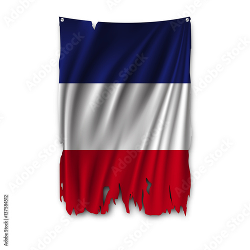 Torn by the wind national flag of France. Ragged. The wavy fabric on white background. Realistic vector illustration.