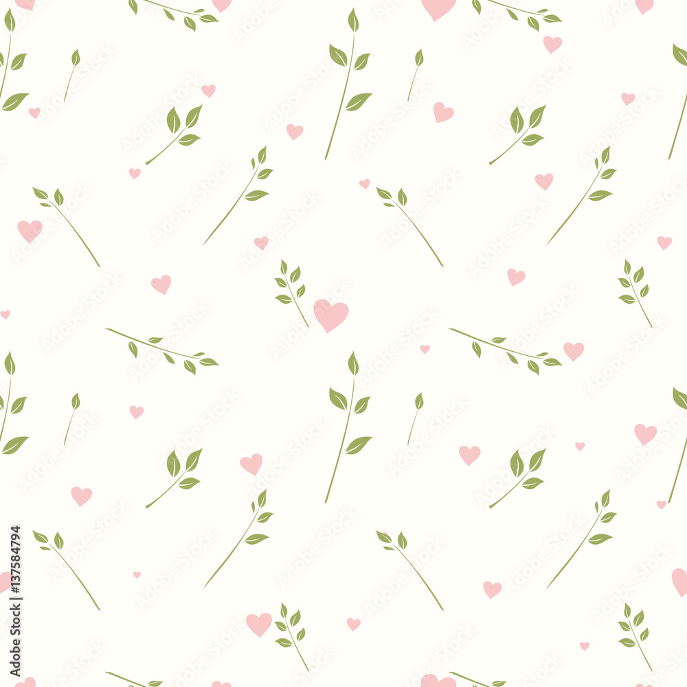 Green branches and pink hearts. Cute seamless pattern.