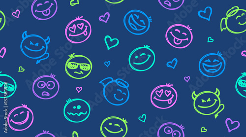 funny hand drawn smiles seamless pattern, emoji background