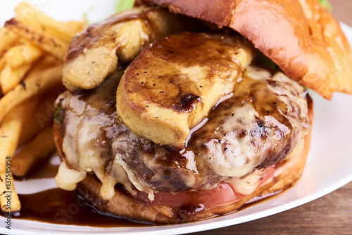 Dish with burger and french fries