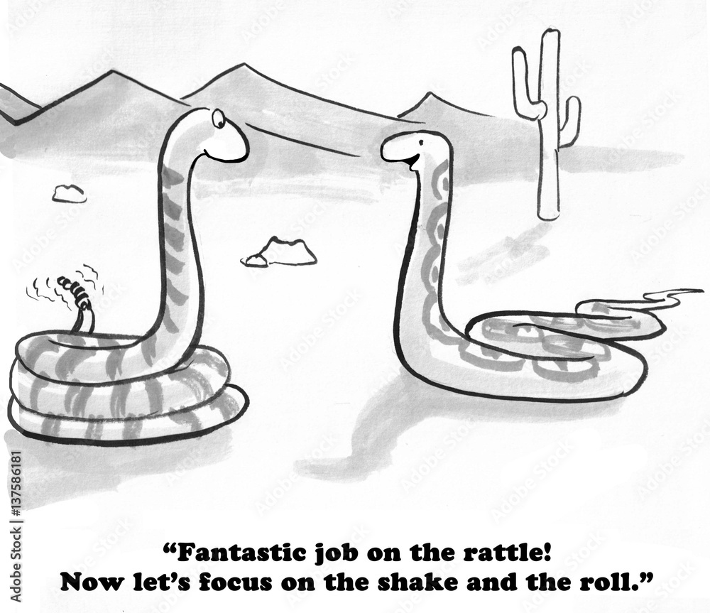 Naklejka premium Cartoon of a rattle snake training the other rattle snake to 'rattle and roll'.