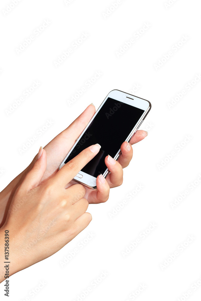 Woman showing smart phone with isolated screen in hand. Isolated on white. Woman showing smart phone with isolated screen in hand. Isolated on white.