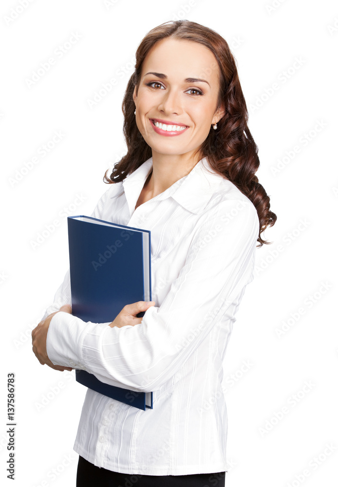 smiling businesswoman with blue folder smiling businesswoman with blue folder