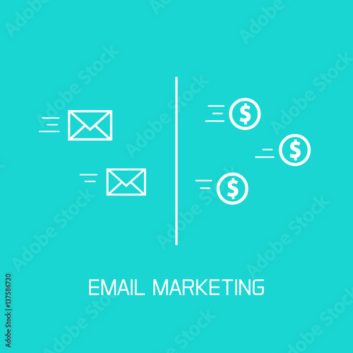 Email marketing vector illustration wth line outline icons, conversion of e-mail envelopes to money coins flow