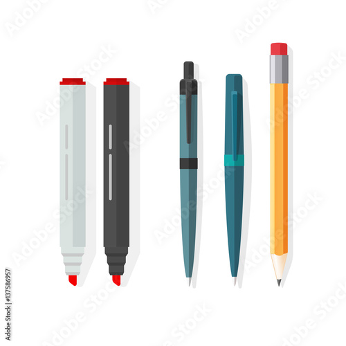 Pens, pencils, markers vector set isolated on white background, ballpoint pens, lead orange dot biro pen with red rubber eraser, flat style pencil, stationery set cartoon illustration design photo