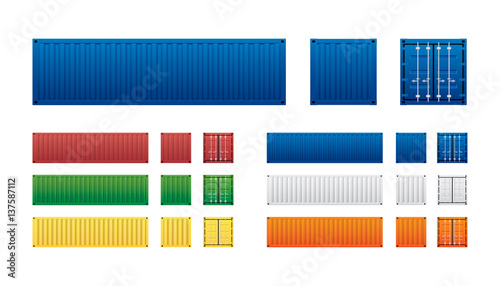 Vector of colorful cargo shipping containers for freight transport and global logistics in different view isolated on white background.