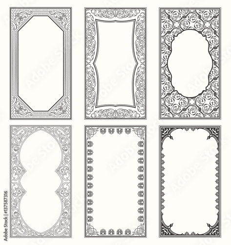 Vintage set retro cards. Template greeting card wedding invitation. Line calligraphic frames