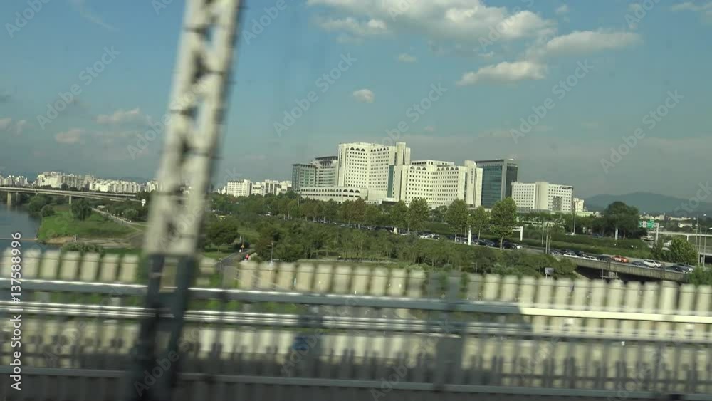 4K Views of the bridge Seoul city and the famous Han River from the train window-Dan