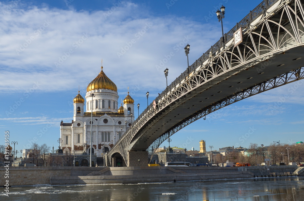 The Cathedral of Christ the Savior and Patriarchal bridge a Sunny winter day, Moscow, Russia
