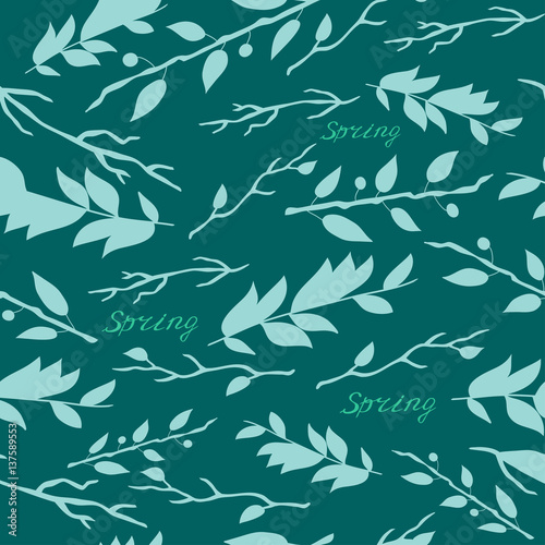 Vector illustrations, the pattern with the image of branches and leaves and Spring inscription. blue shades.