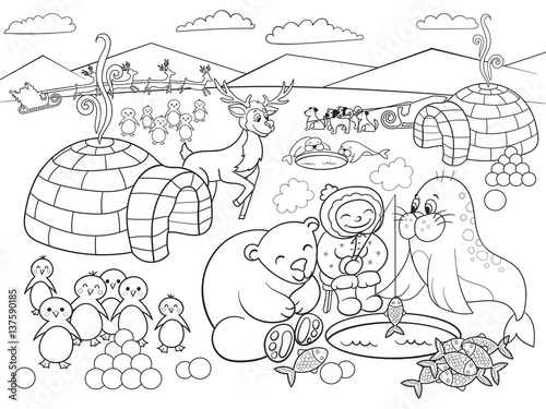 Fototapeta Naklejka Na Ścianę i Meble -  Kids Coloring North Pole vector illustration