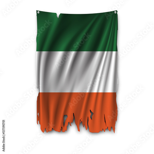 Torn by the wind national flag of Ireland. Ragged. The wavy fabric on white background. Realistic vector illustration.