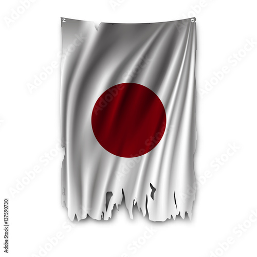 Torn by the wind national flag of Japan. Ragged. The wavy fabric on white background. Realistic vector illustration.