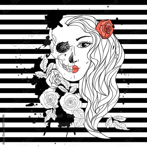 Beautiful woman with long hair and spots of ink, roses, skull