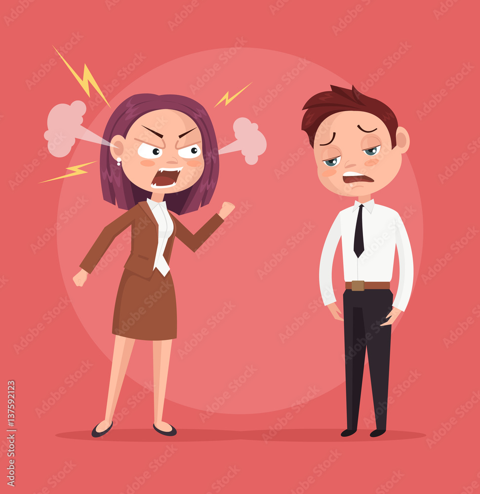 Woman boss character yells at worker. Vector flat cartoon illustration Woman boss character yells at worker. Vector flat cartoon illustration