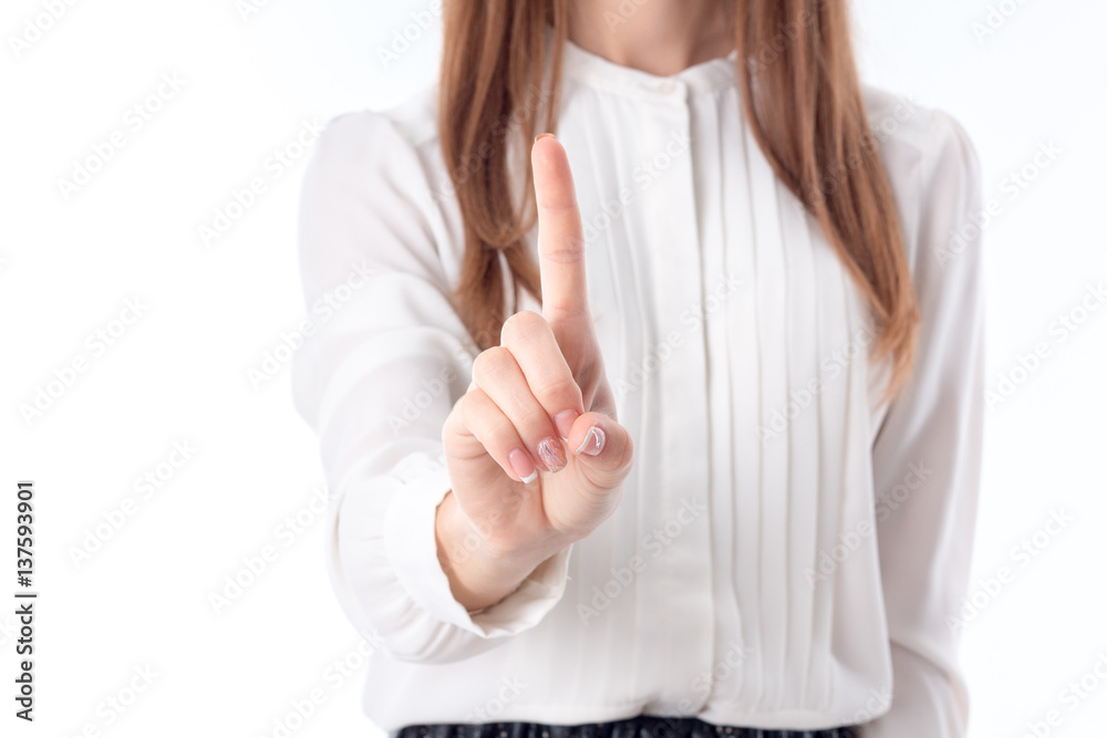 girl stretched her hand forward and shows the index finger close-up girl stretched her hand forward and shows the index finger close-up