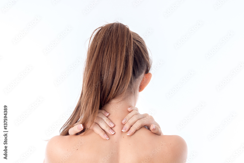 the girl stands back forward and keeps the ball neck is isolated on a white background the girl stands back forward and keeps the ball neck is isolated on a white background