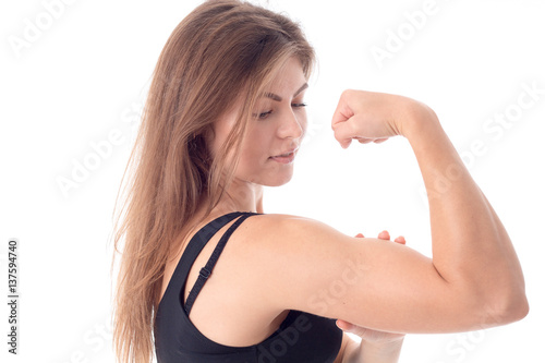 young girl strained muscles in his hand closeup
