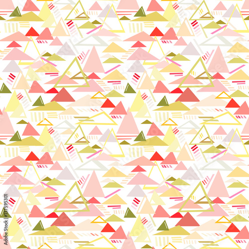 Seamless abstract geometric pattern, mountainous landscape, pyramids, desert