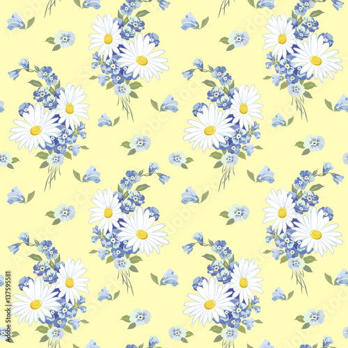 Seamless pattern with a bouquet of daisies and blue meadow flowers on a yellow background