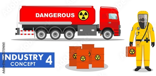 Industry concept. Detailed illustration of cistern truck carrying chemical, radioactive, toxic, hazardous substances and worker in protective suit on white background in flat style. Vector