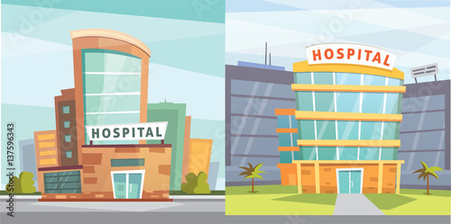 Set Hospital building cartoon modern vector illustration. Medical Clinic and city background. Emergency room exterior.