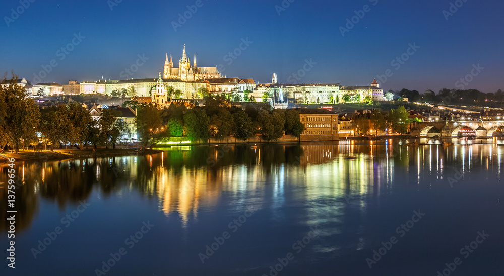 Evening cityscape of Prague with Saint Vitus Cathedral, Czech Republic