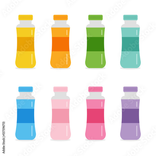 Set, collection of colorful flat design drink bottles isolated on white background.