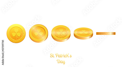 Gold coins with clover. Saint Patrick`s Day vector coins.