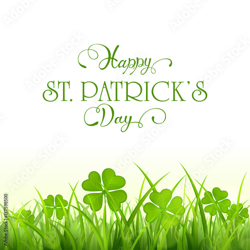 Patricks Day background with green clover and grass