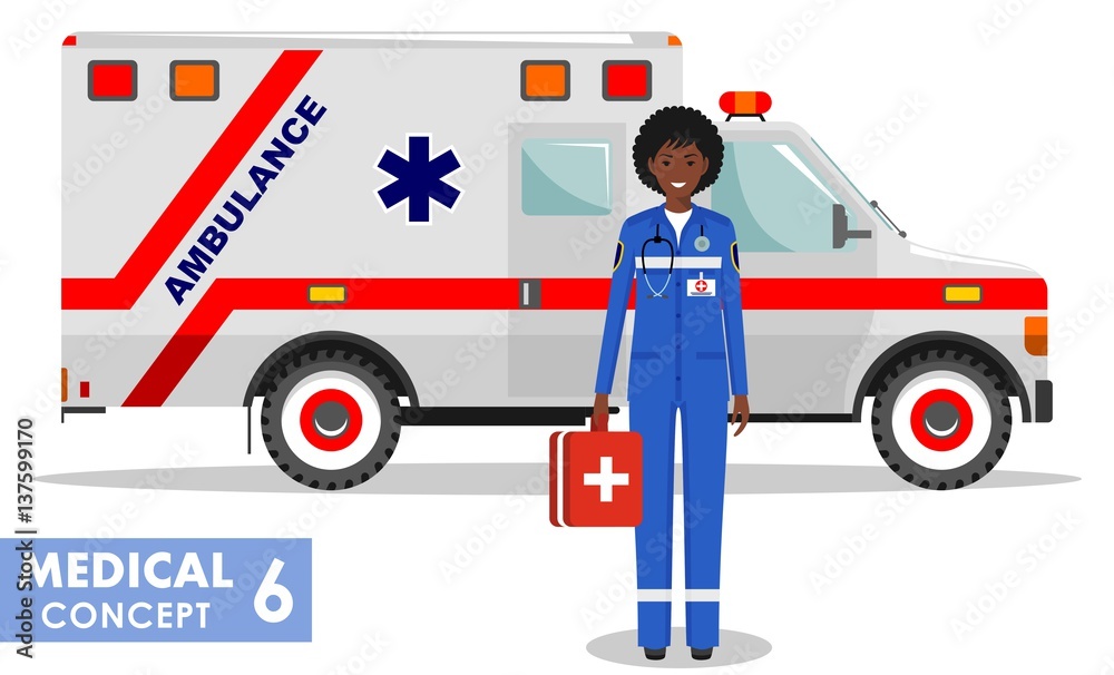 Medical concept. Detailed illustration of african american emergency doctor woman and ambulance car in flat style on white background. Vector illustration.