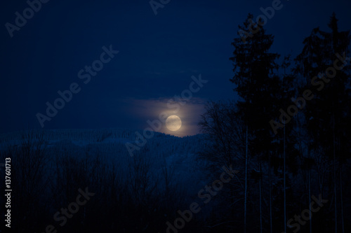 Full moon glowing at black forest night over hills and silhouettes of trees