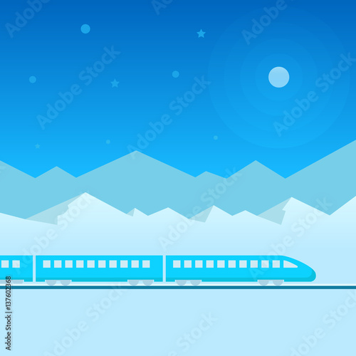 Flat illustration train on railway with outdoor landscape in night. Vector travel concept background.
