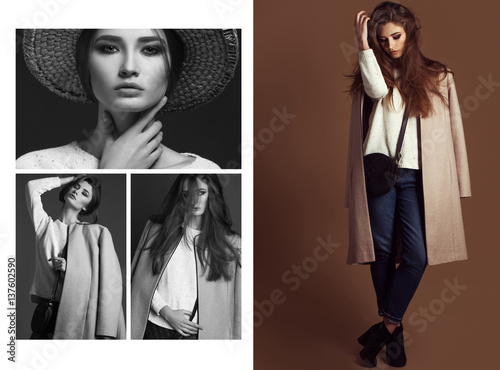 high fashion portrait of elegant woman in beige coat, blue jeans and knitted pullover. Studio shot collage. Concept of a perfect lifestyle clothes for every day