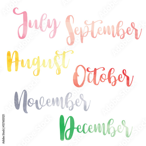 Water color brush handwritten hand lettering names of months