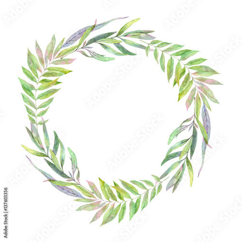 Fototapeta Naklejka Na Ścianę i Meble -  Hand drawn watercolor illustration. Wreath with Spring leaves. Floral design elements. Perfect for invitations, greeting cards, blogs, posters and more