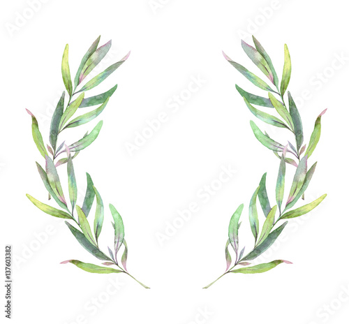 Fototapeta Naklejka Na Ścianę i Meble -  Hand drawn watercolor illustration. Wreath with Spring leaves. Floral design elements. Perfect for invitations, greeting cards, blogs, posters and more