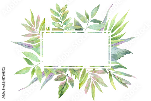 Fototapeta Naklejka Na Ścianę i Meble -  Hand drawn watercolor illustration. Label with Spring leaves. Floral design elements. Perfect for invitations, greeting cards, blogs, posters and more