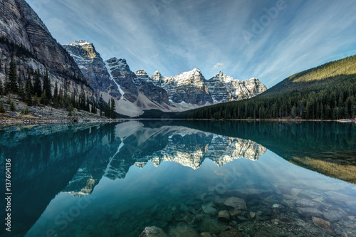 Moraine Lake reflection on a calm morning in Banff National Park, Alberta, in the heart of the Canadian Rockies