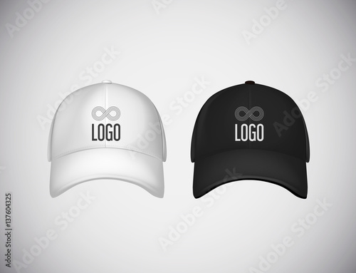 Realistic front view black and white baseball caps with logo lettering for advertising isolated on white background vector illustration.