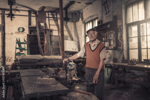 Senior carpenter in his workshop, Karanac, Baranja, Croatia