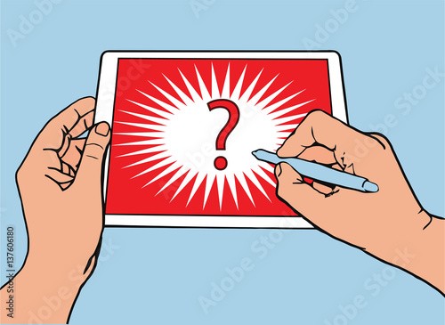 The left hand holds the tablet. The right hand draws on the tablet screen question sign, vector