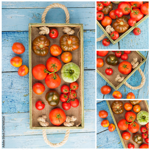 Collage from different sorts of ripe tomatoes in the wooden tray