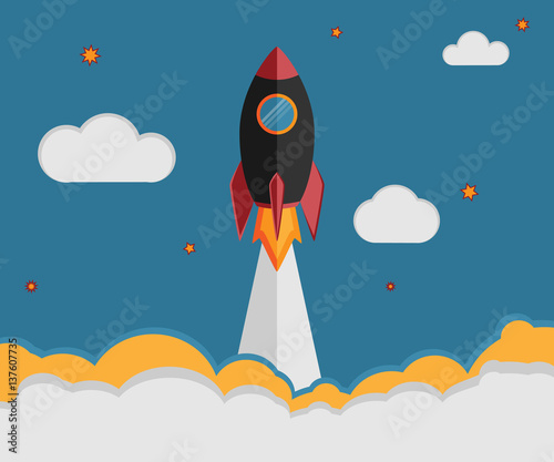 Fototapeta Naklejka Na Ścianę i Meble -  Illustration of a rocket ship in flat vector style. Space travel, business launch symbol or a new project development. Creative idea and management concept.