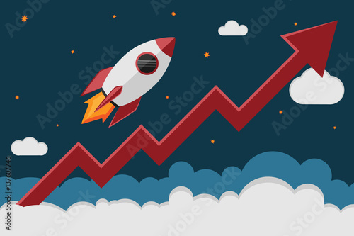 Rocket ship take off in cosmos and a red graph increase. Business launch and development, the growth of the economy, new project investments up. photo
