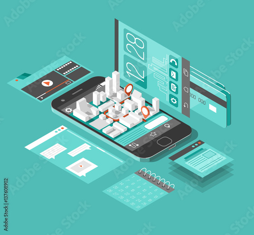 Isometric smart phone interface. Screen with different apps and icons. Map on mobile application. 3d vector illustration. 
