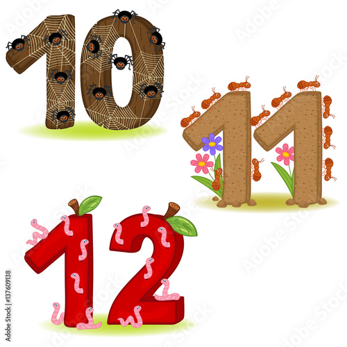 set of numbers with number of animals from 10 to 12 - vector illustration, eps