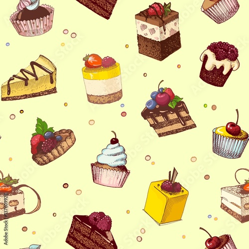 Dirty seamless background with sketches of cakes and pastries