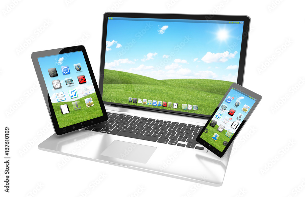 Laptop mobile phone and tablet connected to each other 3D rendering Laptop mobile phone and tablet connected to each other 3D rendering