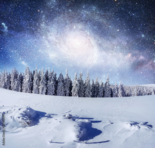 starry sky in winter snowy night. fantastic milky way in the New © standret